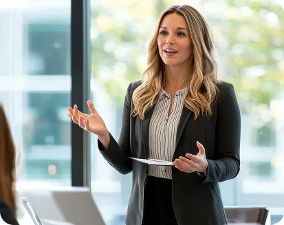 Uma mulher de fato de negócios gesticula e faz um discurso perante os colegas durante uma apresentação