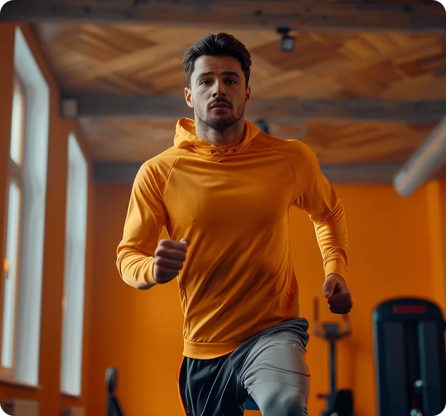 Um homem com um casaco com capuz laranja está a correr no ginásio